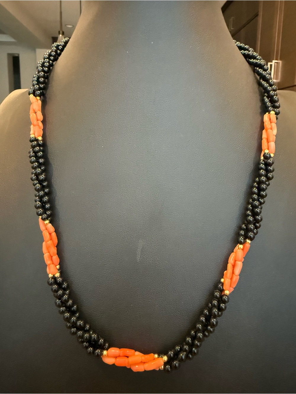 Black & Coral Beaded Twist Necklace - 1980’s Vintage Fish Hook Closure 22” L